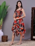 Women's Rust & Grey Abstract Print Cotton Handkerchief Hem Dress Midi Dresses
