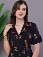Women's Elegant Indigo & Orange Floral Block Print Cotton Shirt Dress - Image 2