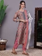 Women's Pink Floral Chanderi Printed Kurta Set with Dupatta Suit Sets - Image 2