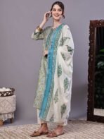 Women's Green & Blue Floral Chanderi Printed Kurta Set with Dupatta Suit Sets