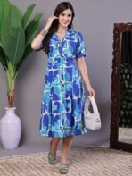 Women's Blue Abstract Print Cotton Shirt Dress - Image 4