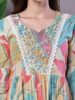 Wome's Multicolor Printed Cotton A-Line Dress with Embroidered Yoke Midi Dresses - Image 3