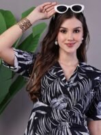 Women's Tropical Palm Print Black & White Cotton Shirt Dress - Image 2