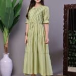 Wome's Boho-Chic Forest Green Tiered Maxi Dress with Puff Sleeves Dresses