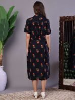 Women's Elegant Indigo & Orange Floral Block Print Cotton Shirt Dress - Image 5