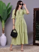 Wome's Boho-Chic Forest Green Tiered Maxi Dress with Puff Sleeves Dresses - Image 2