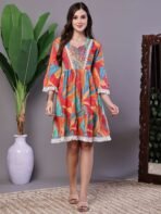 Wome's Vibrant Print Cotton Tunic Dress with Crochet Lace & Three-Quarter Sleeves Midi Dresses - Image 4