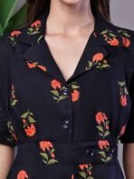 Women's Elegant Indigo & Orange Floral Block Print Cotton Shirt Dress - Image 3