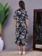 Women's Tropical Palm Print Black & White Cotton Shirt Dress - Image 5