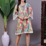 Wome's Multicolor Printed Cotton A-Line Dress with Embroidered Yoke Midi Dresses