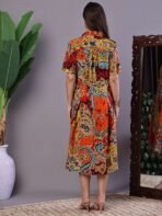 Women's Bohemian Chic Multi-Color Paisley Print Cotton Collared Midi Dress - Image 5