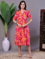 Women's Pink & Orange Abstract Print Cotton Shirt Dress - Image 4