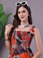 Women's Rust & Grey Abstract Print Cotton Handkerchief Hem Dress Midi Dresses - Image 2