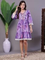 Wome's Purple Floral Cotton A-Line Dress with Lace Detailing Midi Dresses