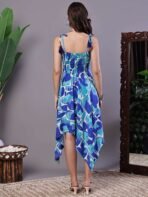 Women's Blue Printed Cotton Handkerchief Hem Dress Midi Dresses - Image 5
