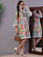 Wome's Multicolor Printed Cotton A-Line Dress with Embroidered Yoke Midi Dresses - Image 4